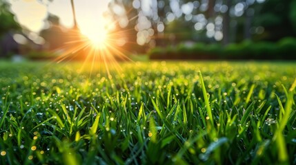 green grass, morning dew on the grass, awakening of the sun, real photo, clear bright sky