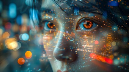 A close-up view of a persons eye with a holographic city skyline projected onto it, showcasing a futuristic advertising campaign in a busy city center.