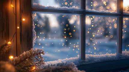 A Christmas window view, with lights and snow