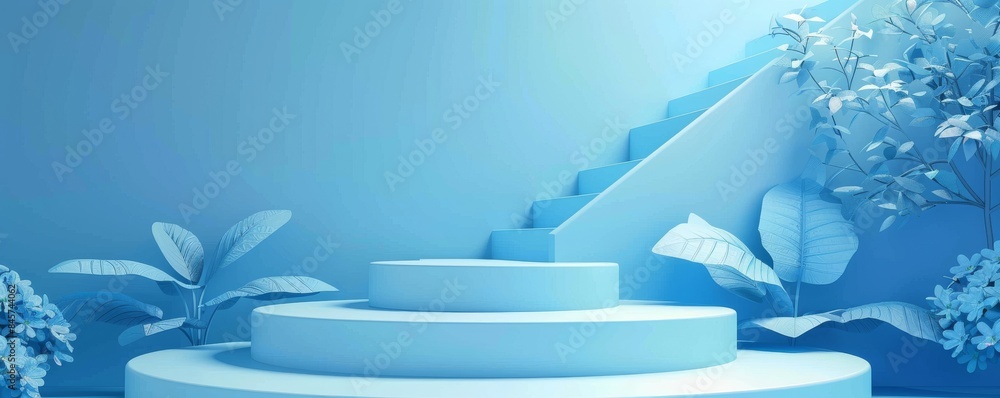 Poster 3d render of simple blue podium with steps in minimalist modern design