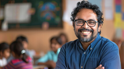 Obraz premium Indian teacher smiling sits in class against the backdrop of a blurred classroom with students. Back to school concept.