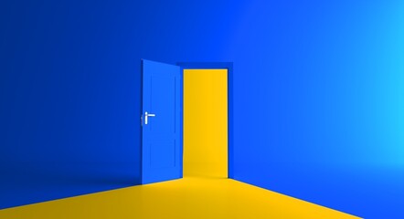 Open the door. Symbol of new career, opportunities, business ventures and initiative. Business concept. 3d render, yellow light inside open door isolated on blue background. Modern minimal concept.