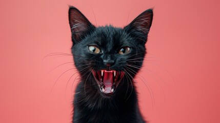 Bombay, angry cat baring its teeth, studio lighting pastel background