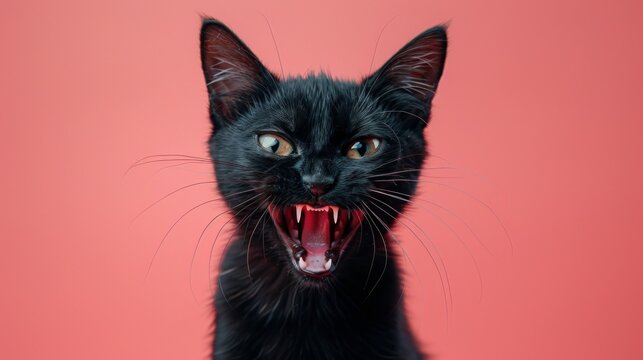 Bombay, angry cat baring its teeth, studio lighting pastel background