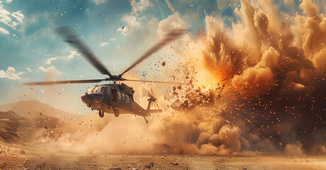 Photo of an army helicopter in the desert during a dust storm