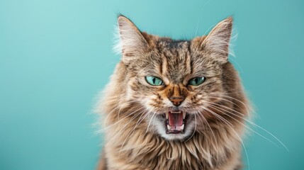 Havana Brown, angry cat baring its teeth, studio lighting pastel background