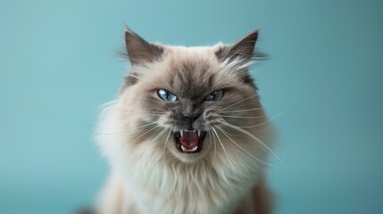 Himalayan, angry cat baring its teeth, studio lighting pastel background