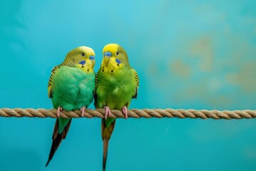 Obraz premium A photo of two budgerigar parakeets perched on a branch isolated against a blurred background. The birds are the focal point of attention, creating a visually appealing and eye-catching composition.