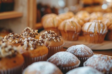 Vanilla And Chocolate Muffins On Trays, Different Frostings, Closeup, Bakery Advertising Concept