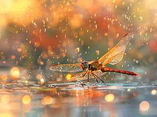 A close up view of dragonfly on the water and waterdrops