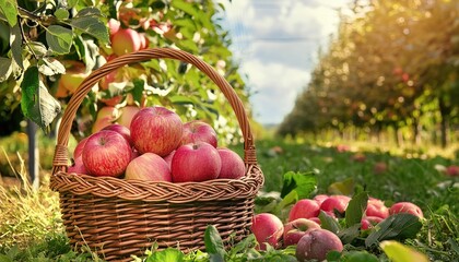  A basket of freshly picked apples in an orchard