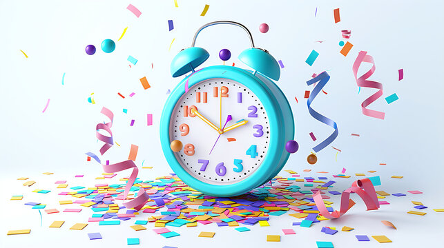 3D render, minimal alarm clock with colorful floating confetti isolated on transparent background.