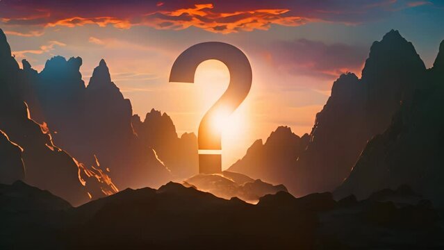 Sunset behind mountain peaks with large question mark, mystery concept. Generative AI