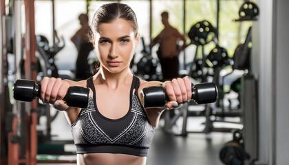 Fototapeta premium Woman Holding Two Dumbbells in Gym