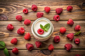 Raspberry around bottle of fresh white yogurt on wooden table. Fresh yogurt.
