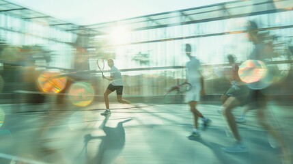 Dynamic Padel Match with Diverse Adults on Bright Sunny Day Action, Energy, and Passion on Modern Court