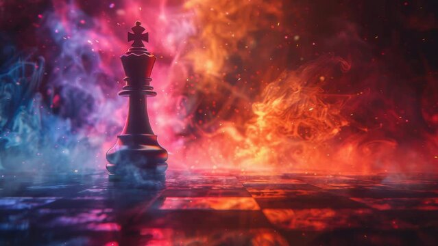 Chess piece on illuminated chessboard with abstract fiery and icy background, strategy concept. Generative AI