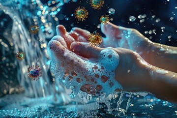 Fototapeta premium Germ Visualization Hands being washed with a superimposed illustration of germs being washed away, highlighting the importance of hygiene