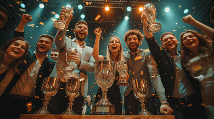 Obraz premium Celebration of Victory with Trophies and Confetti