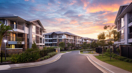 Obraz premium Modern apartment buildings at sunset with lush greenery