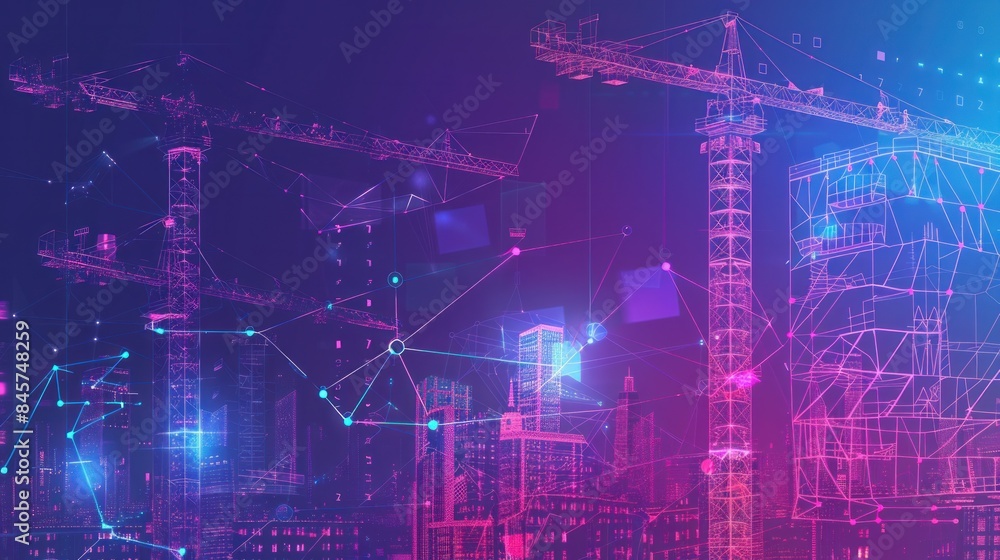 Aufkleber a construction site adorned with lots of tower cranes is depicted in a low poly wireframe digital ve