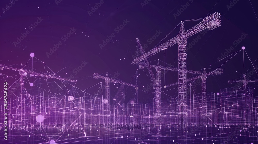 Aufkleber a construction site adorned with lots of tower cranes is depicted in a low poly wireframe digital ve