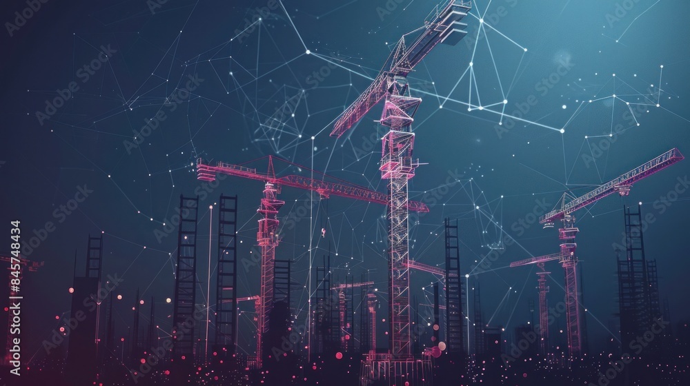 Aufkleber a construction site adorned with lots of tower cranes is depicted in a low poly wireframe digital ve