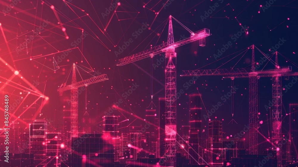 Aufkleber a construction site adorned with lots of tower cranes is depicted in a low poly wireframe digital ve