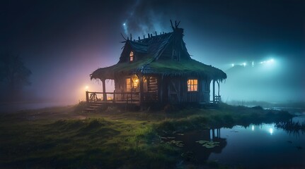 Fototapeta premium A witch and wizard's hut in the middle of an abandoned pond and a scary atmosphere, thick fog on the pond, at night