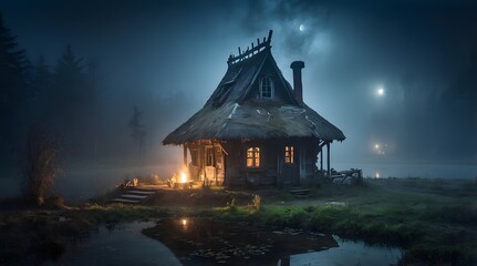 Obraz premium A witch and wizard's hut in the middle of an abandoned pond and a scary atmosphere, thick fog on the pond, at night
