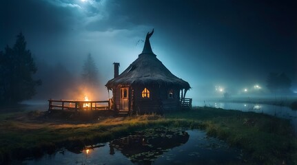 Fototapeta premium A witch and wizard's hut in the middle of an abandoned pond and a scary atmosphere, thick fog on the pond, at night
