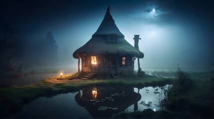 A witch and wizard's hut in the middle of an abandoned pond and a scary atmosphere, thick fog on the pond, at night