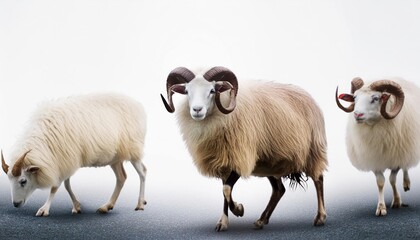Fototapeta premium Sheep with horns walking on an isolated white background, looking at the camera. 