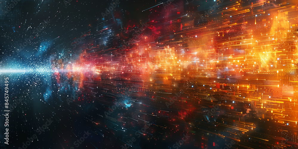 Wall mural an abstract image depicting a galaxy of glowing neon lights and digital patterns exploding outwards 