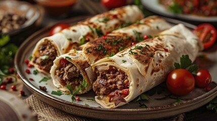 Traditional Turkish Doner Kebab Wrapped in Lavash Bread With Savory Sauce on a Plate