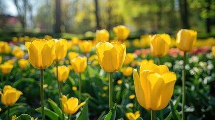 Fototapeta premium Yellow tulips in a field a vibrant display in the park during spring