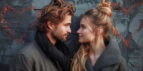 A young couple stands close, their eyes locked in a moment of intimacy, against a backdrop of a textured urban wall