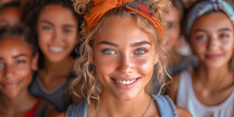 Fototapeta premium A close-up portrait of a young woman with curly blonde hair and bright blue eyes, smiling warmly. She is surrounded by her friends, creating a sense of camaraderie and happiness