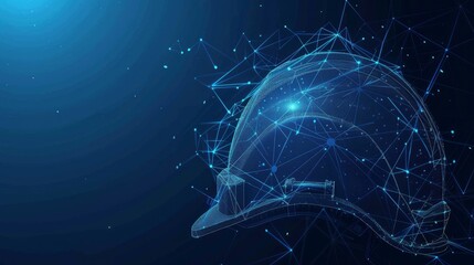 A geometric shape of a futuristic polygonal construction helmet is illustrated against a starry sky space composed of points light lines and low poly shapes in a futuristic design
