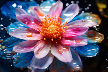 Close-up of a beautiful flower in coloured water 