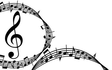 Melody music curves wave with music treble clef and musical notes, musical design isolated elements for music design festival posters, music education banners, music album covers