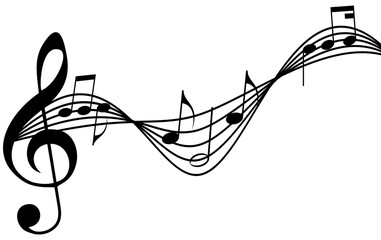 Melody music curves wave with music treble clef and musical notes, musical design isolated elements for music design festival posters, music education banners, music album covers