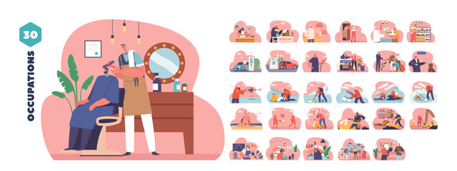 Collection Of Occupation Icons Showcasing Different Professionals In Various Roles Including Barber, Chef, Doctor