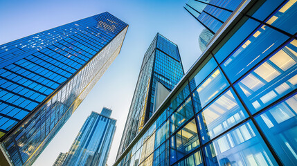 Modern skyscrapers with reflective glass facades against a clear blue sky