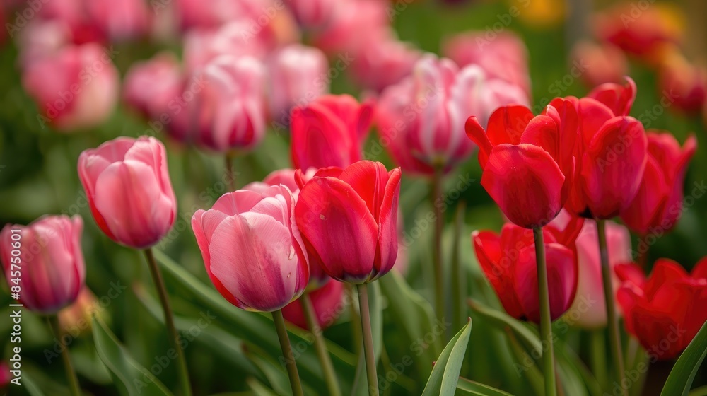 Wall mural stunning assortment of red and pink tulip flowers blooming in an outdoor park