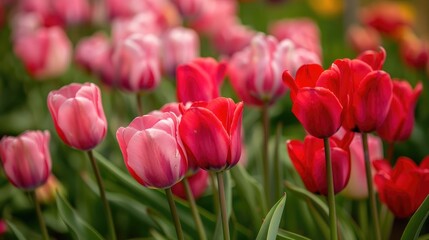 Fototapeta premium Stunning assortment of red and pink tulip flowers blooming in an outdoor park