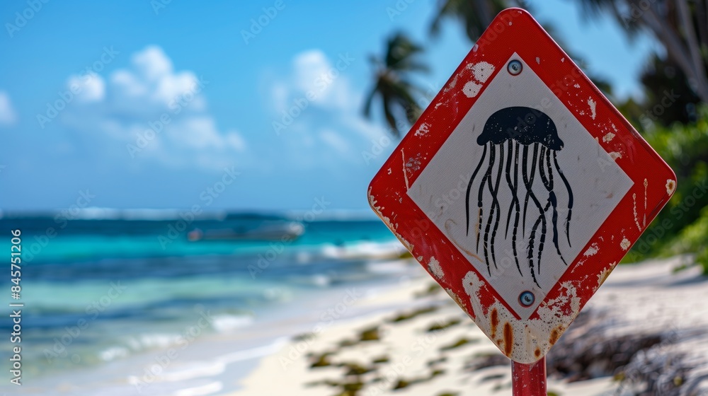 Wall mural triangle warning sign with a jellyfish on it is on a beach.