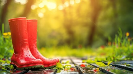 Fototapeta premium Two rain waterproof rubber boots are sitting on a wooden board in a forest, outdoor banner with copy space.