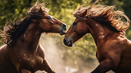 Two wild horses are fighting. Nature outdoor background.