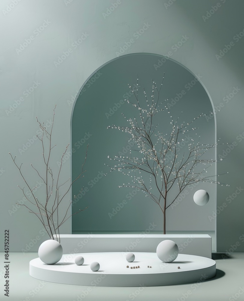 Poster minimalist and modern display scene with delicate branches and spheres
